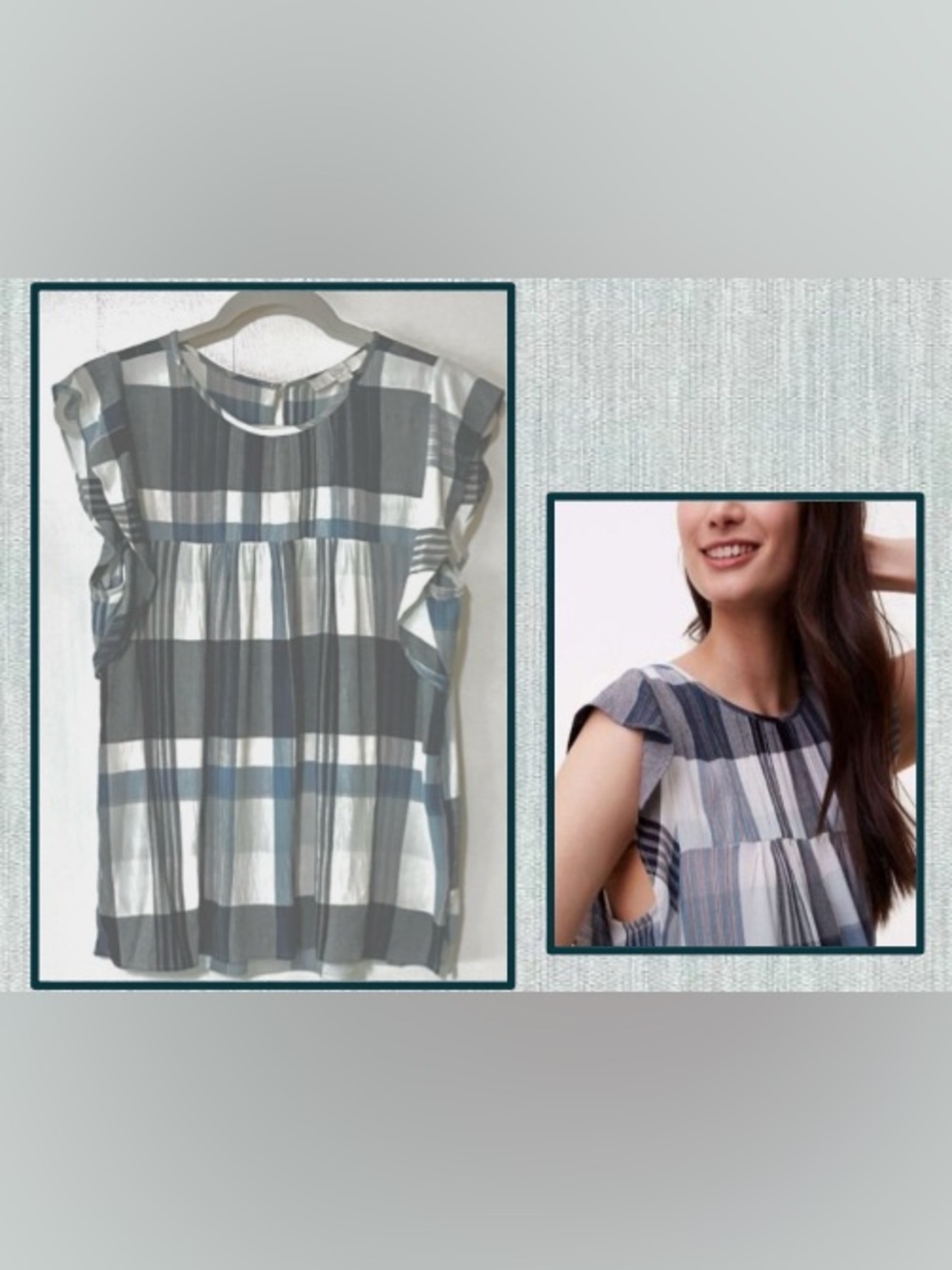 LOFT Dark Indigo Blue & Cream Plaid Flutter Sleeve Blouse: Small
